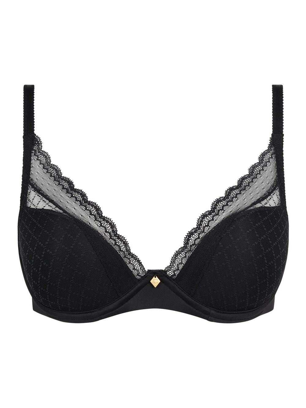 Chantelle Norah Chic Plunge Bra 32D Black Graphic Lace Underwire